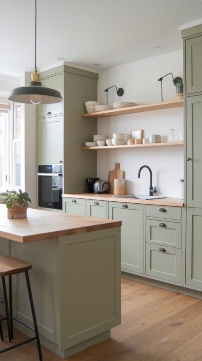 Kitchen cabinets in Sage Creek color