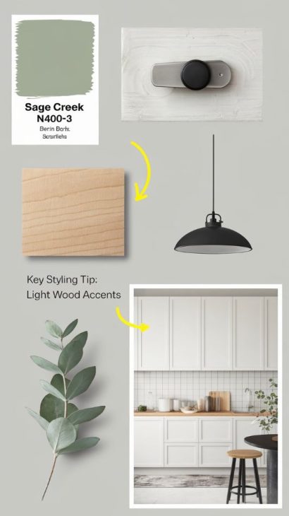 Moodboard featuring Sage Creek paint color with kitchen design elements