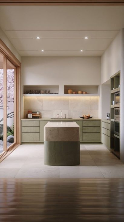 Kitchen cabinets painted in Eucalyptus Leaf color from Behr, showcasing a soft and serene design