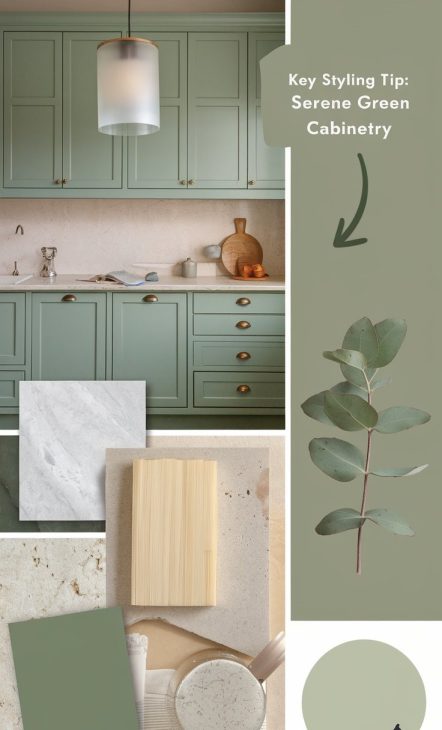 Kitchen design moodboard featuring the Eucalyptus Leaf palette from Behr, displaying cabinetry, tile options, and complementary colors