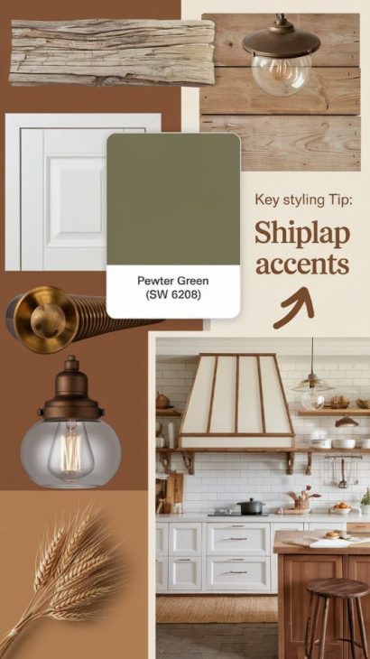 Kitchen design moodboard featuring Pewter Green palette with cabinetry, tile, and complementary color swatches