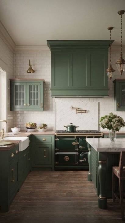 Hunter Green paint color from Benjamin Moore displayed on kitchen cabinets