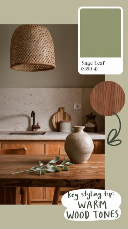 Moodboard showcasing Sage Leaf color from Behr with kitchen design elements, including cabinetry, countertops, and decorative accents