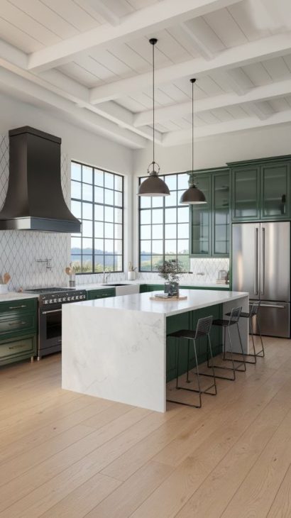 Elegant kitchen featuring cabinets in Rosemary by Sherwin-Williams.