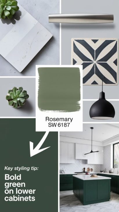 Kitchen design moodboard featuring the Rosemary palette from Sherwin-Williams, displaying cabinetry, tile options, and complementary color swatches