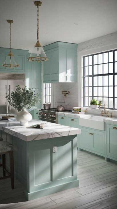 Stylish kitchen featuring cabinets in Mint Aqua by Benjamin Moore, highlighting a bright and cheerful aesthetic