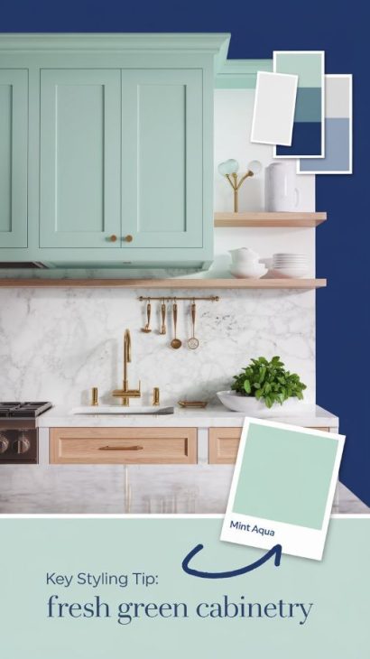 Moodboard showcasing Mint Aqua color from Benjamin Moore with kitchen design elements, including cabinetry, countertops, and decor