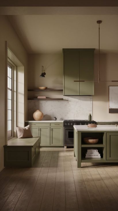Kitchen cabinets painted in Green Ash color from Sherwin-Williams, showcasing a soft and contemporary design