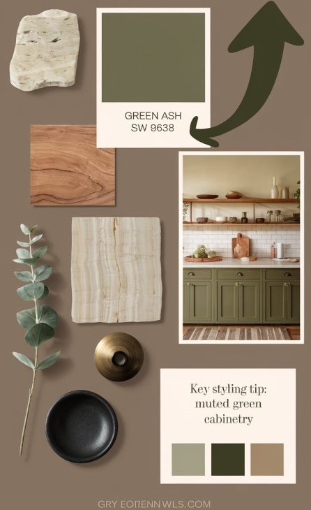 Moodboard showcasing Green Ash color from Sherwin-Williams with kitchen design elements, including cabinetry, countertops, and decor