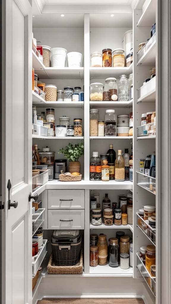 A well-organized corner pantry with adjustable shelves, neatly storing various jars and containers.