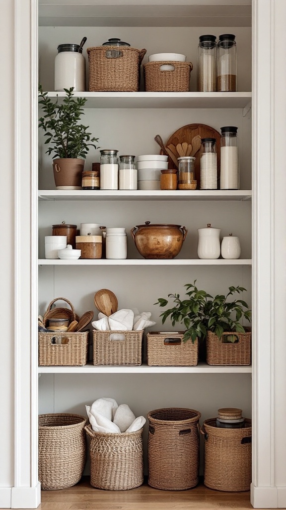 An organized corner pantry with various baskets and containers holding different kitchen items.