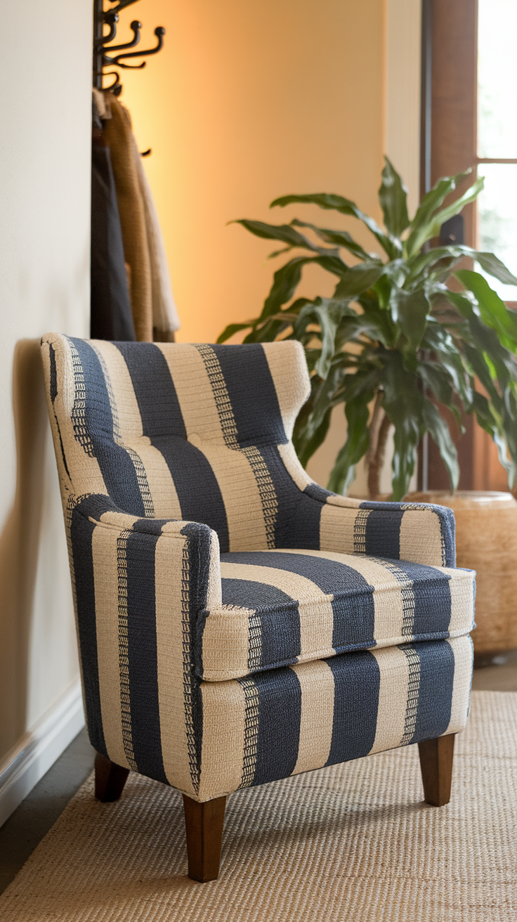 A stylish striped accent chair in a cozy corner of a room, surrounded by greenery