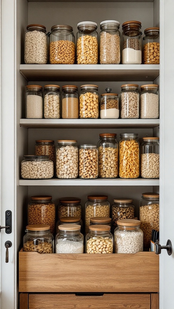 A neatly organized pantry with clear jars displaying various dry goods like grains, nuts, and pasta.