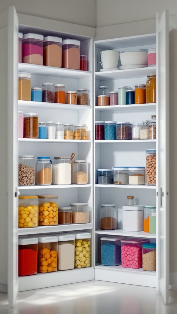 A neatly organized corner pantry with color-coded containers, showcasing a variety of spices, grains, and snacks.