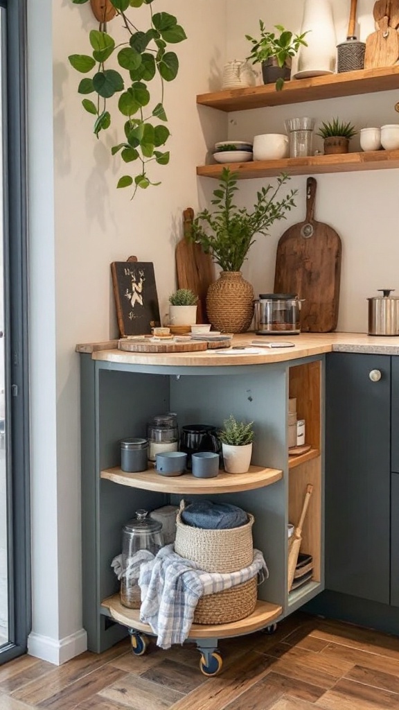 A compact corner kitchen island with wooden shelves and green plants.