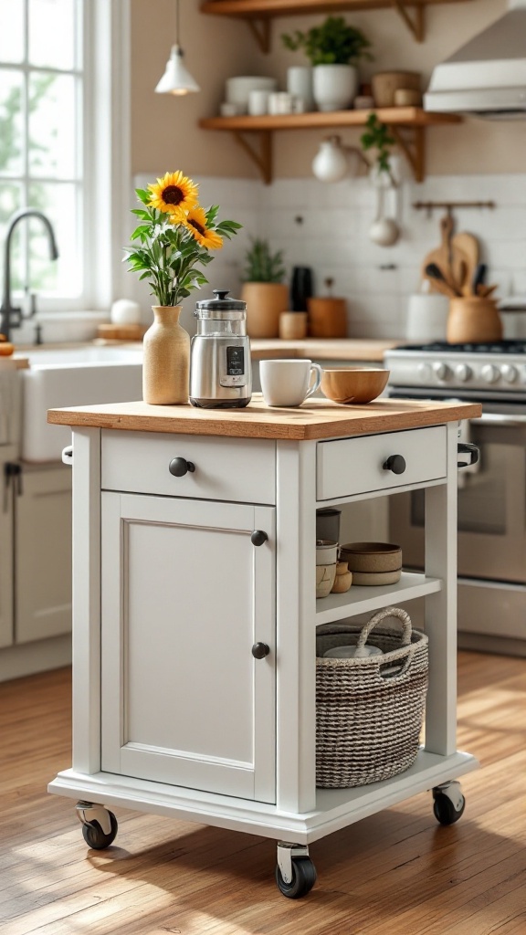 A compact rolling kitchen island with a wooden top, flowers, and kitchenware on it.