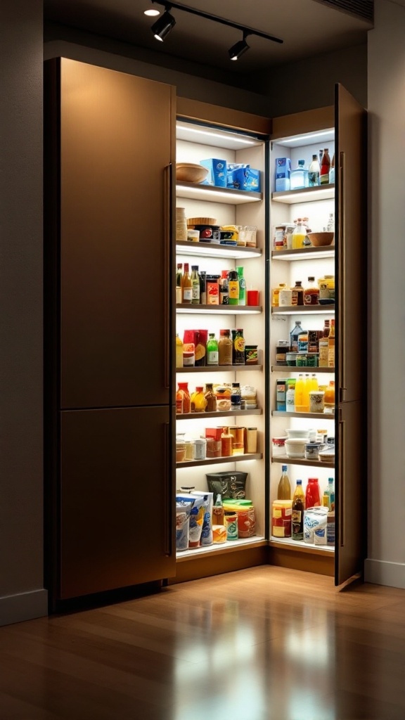 Well-organized corner pantry with illuminated shelves filled with various food items and beverages.