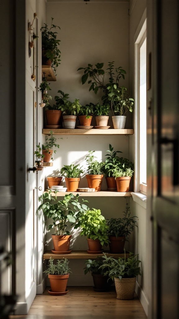 A corner pantry with shelves filled with various potted herbs.