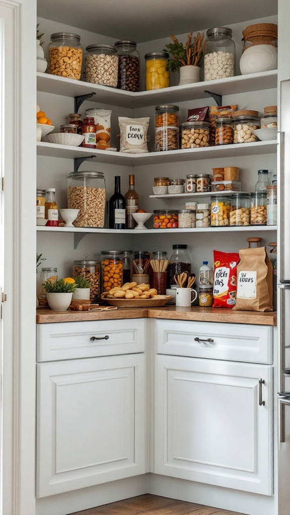 A well-organized corner pantry with snacks, jars, and containers.