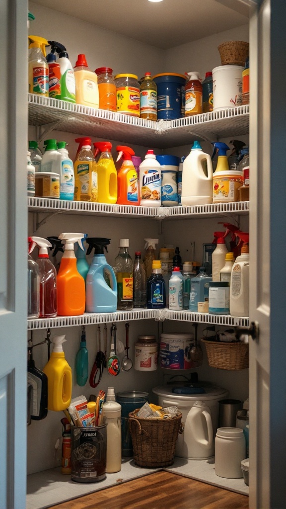 A well-organized pantry with various cleaning supplies and storage containers