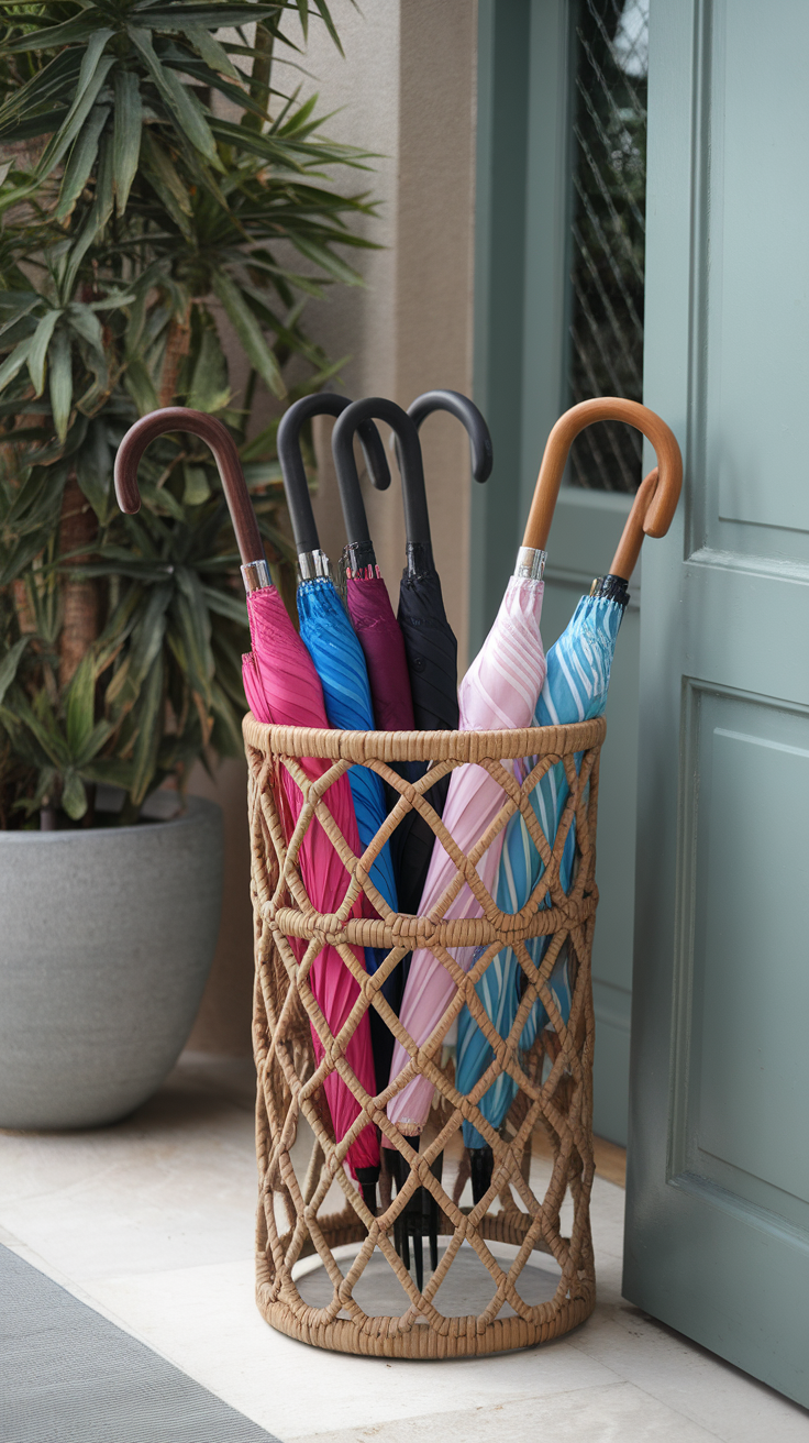 A decorative umbrella stand holding various colorful umbrellas by a door.
