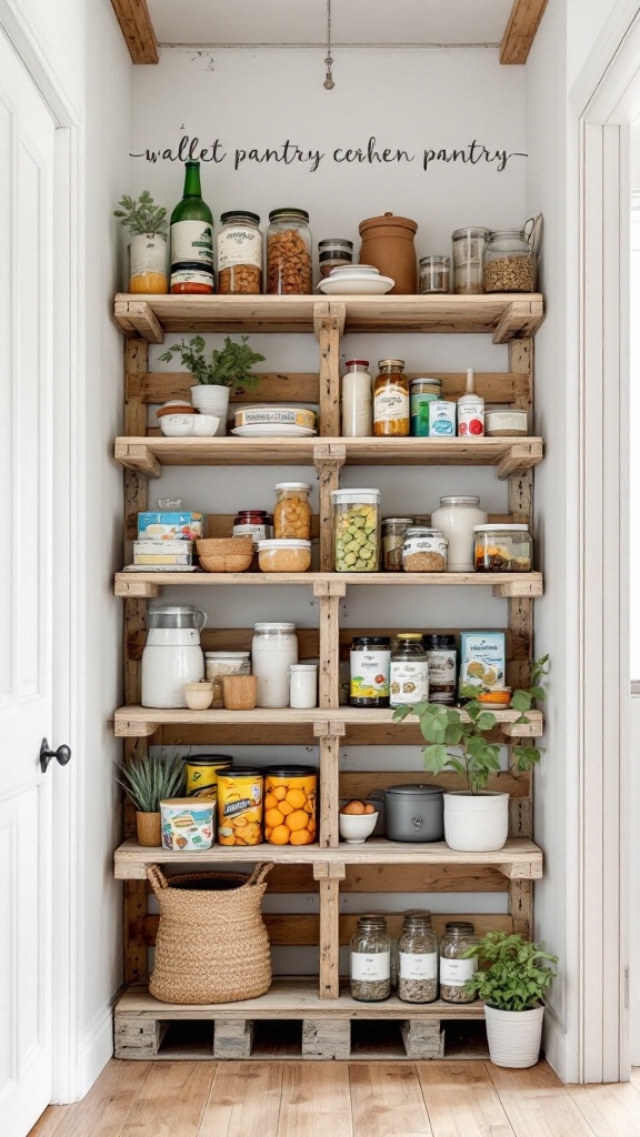 DIY pallet storage solution for a pantry, showcasing various jars and baskets organized on wooden shelves.