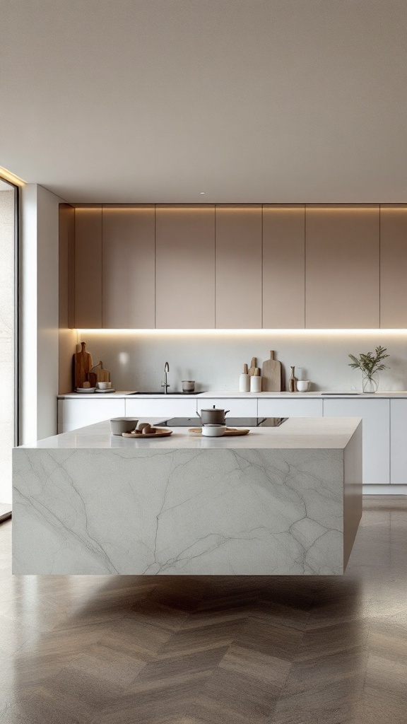 A modern kitchen featuring a floating island with a marble countertop and minimalistic decor.