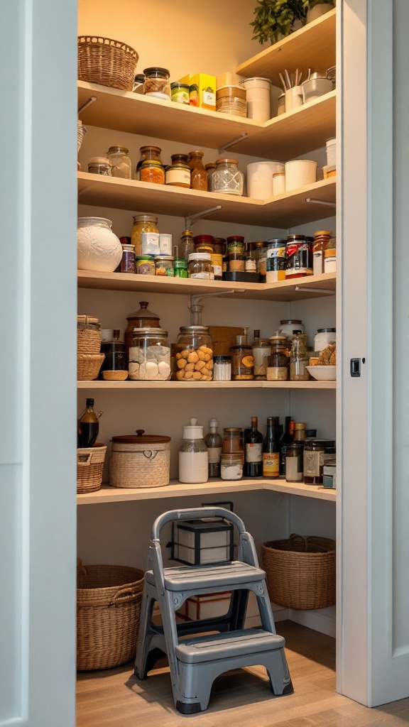 A corner pantry with shelves filled with jars and baskets, featuring a foldable step stool.