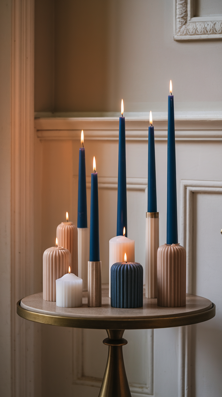 An arrangement of various candles in different heights and colors on a stylish table.