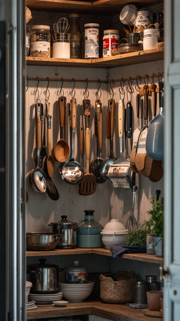 A corner pantry with various utensils hanging on hooks and shelves filled with jars and pots.