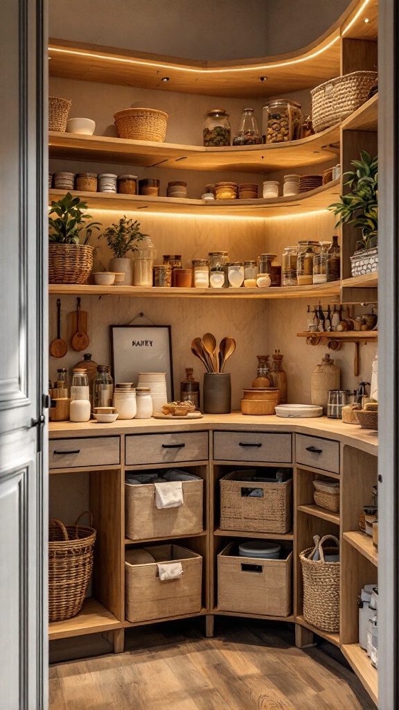 A well-organized corner pantry with wooden shelves, baskets, and glass jars.