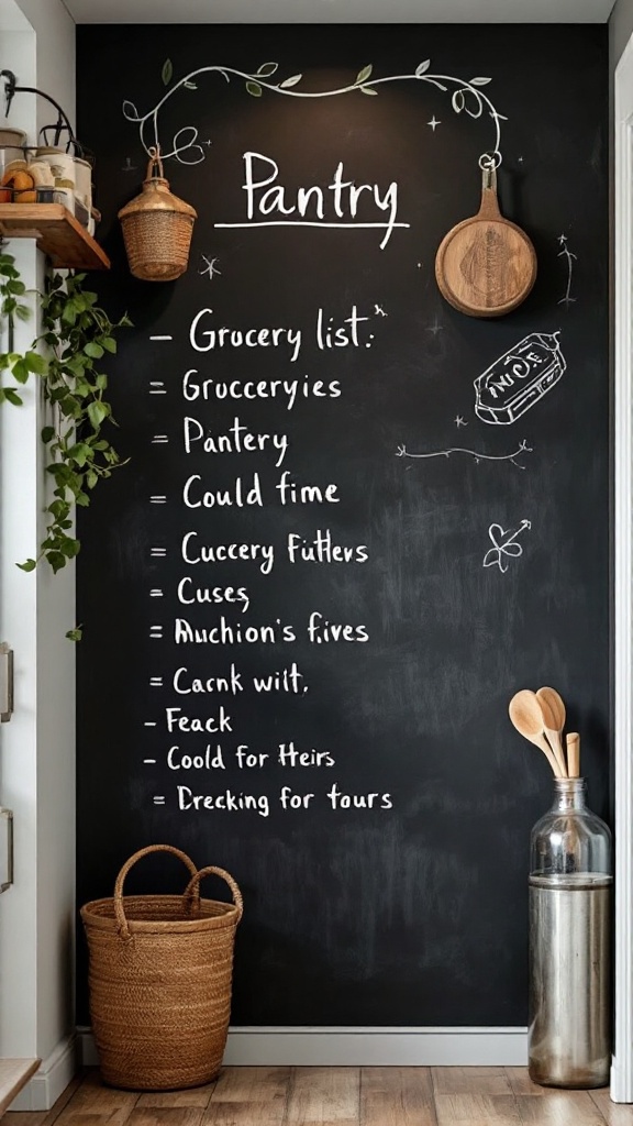 A chalkboard wall in a pantry with a grocery list and decorative elements.