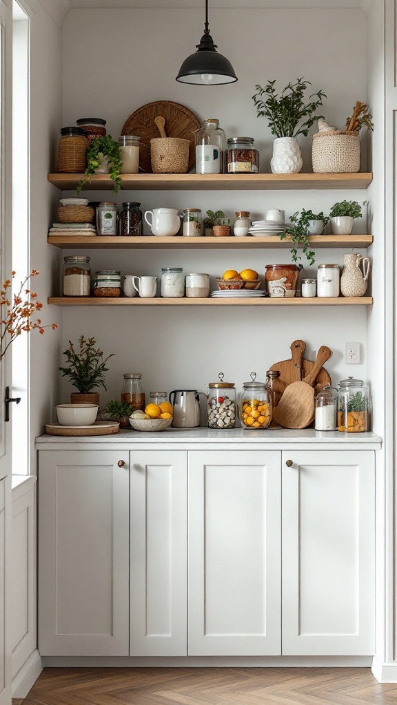 A kitchen corner with open wooden shelves displaying jars, mugs, and decorative plants.