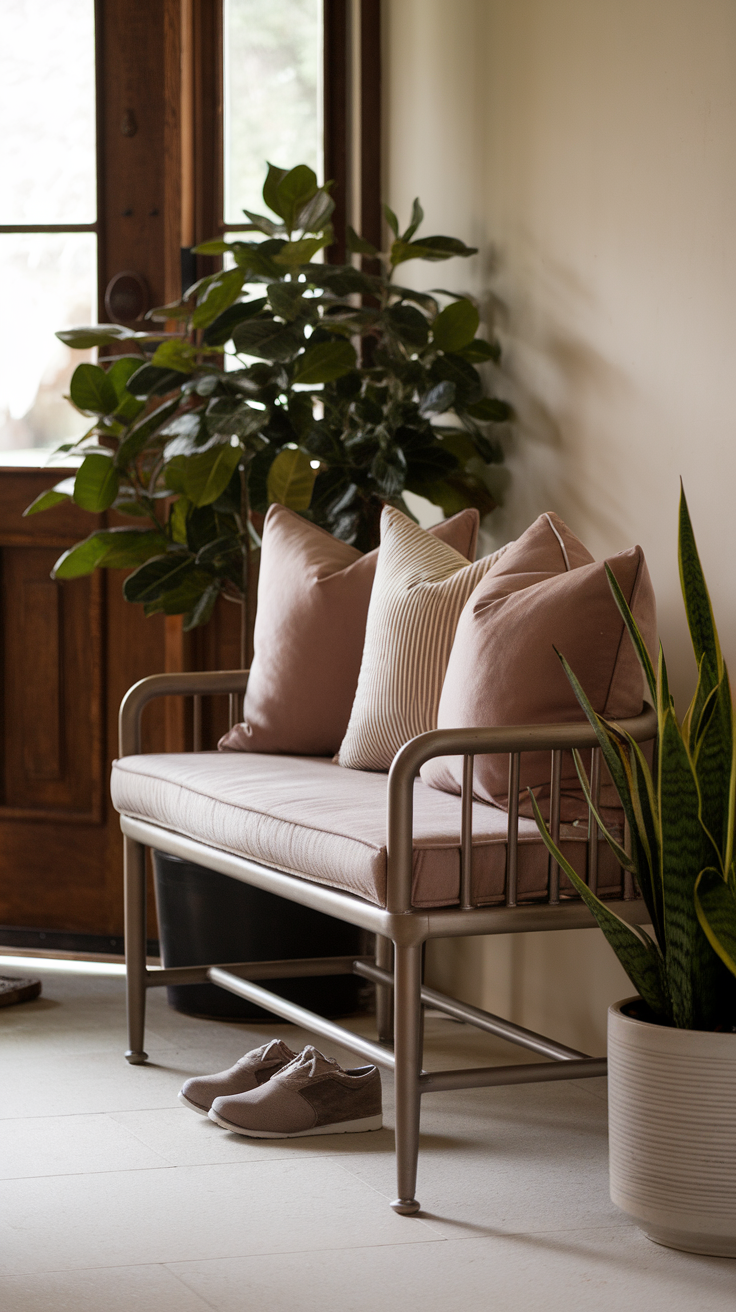 A cozy bench with soft pillows, near a door and plants.