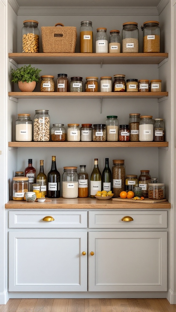Organized corner pantry with labeled jars and containers on shelves.