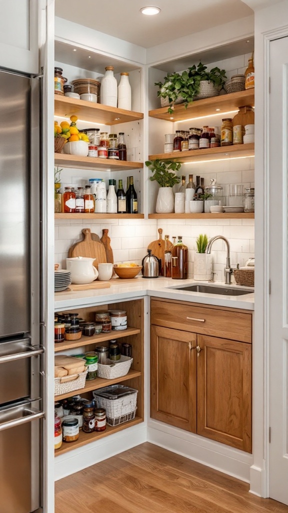 A well-organized corner pantry with custom shelving and various food items.