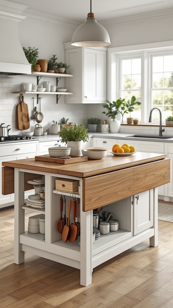 A stylish kitchen with a multi-functional drop-leaf island featuring wooden counter and storage.