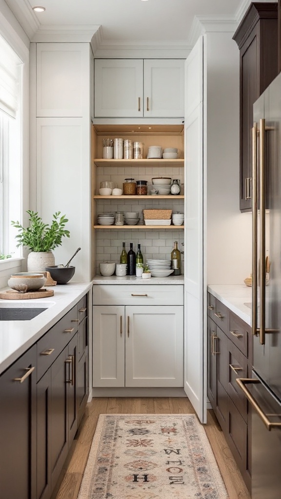 A narrow pull-out pantry with organized shelves displaying various kitchen items and plants