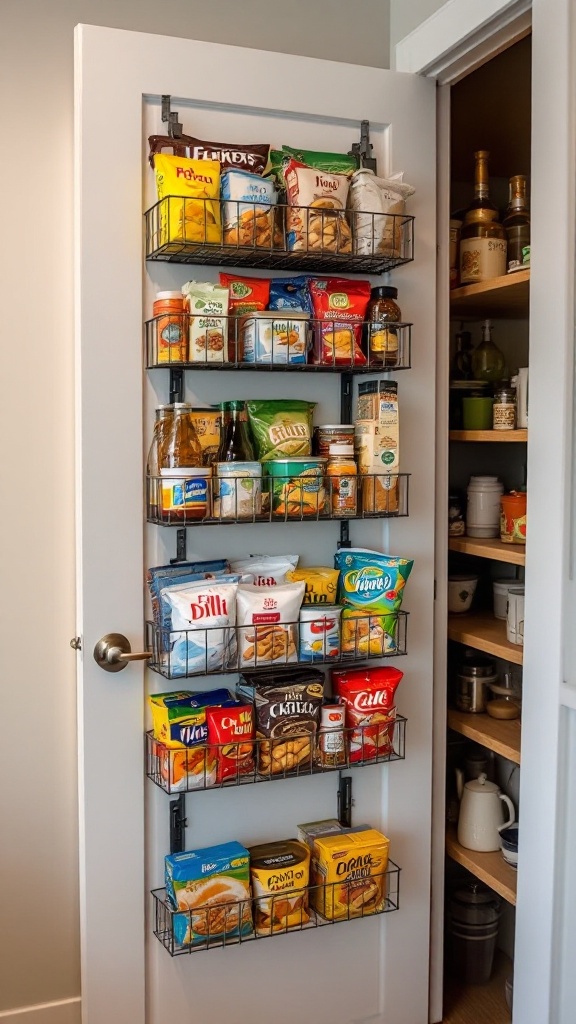 A door-mounted storage rack filled with various snacks and pantry items.