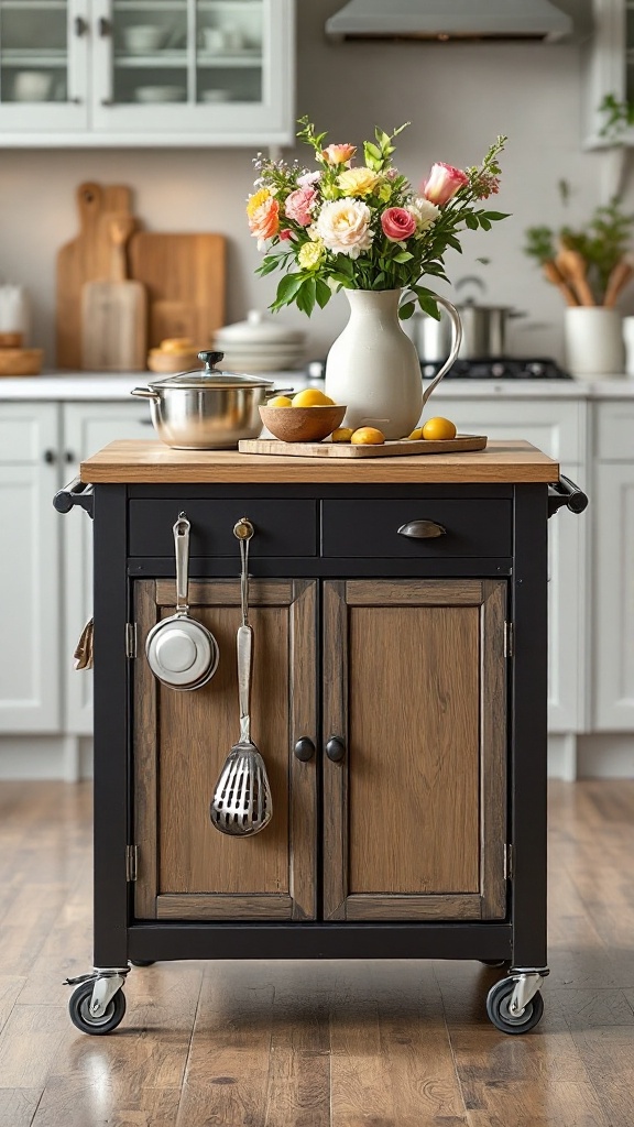 A stylish rolling kitchen cart with flowers, fruit, and kitchen utensils.