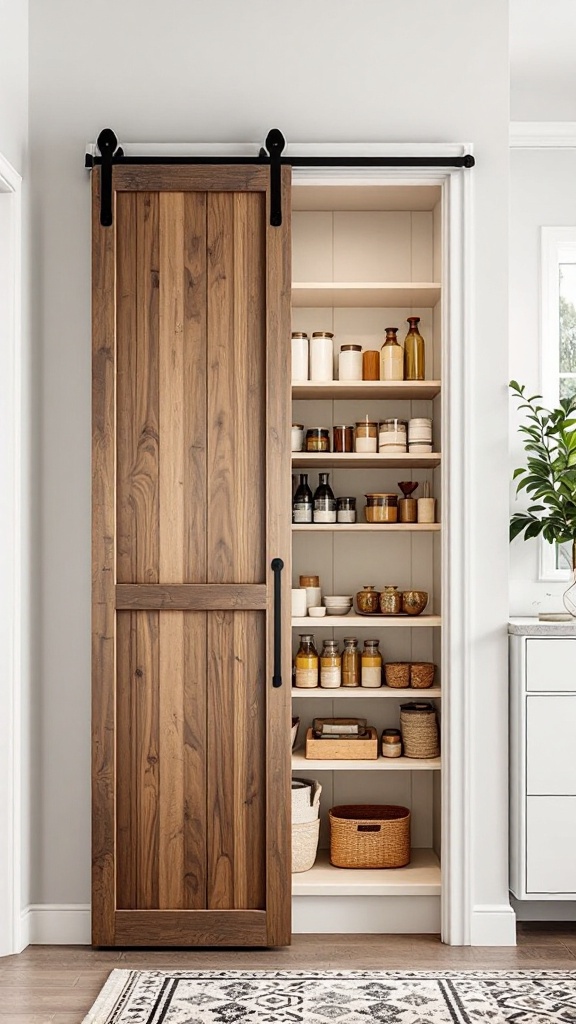 A wooden sliding door leading to a corner pantry with organized shelves.