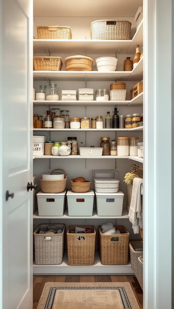 A well-organized corner pantry featuring various bins and baskets for storage.