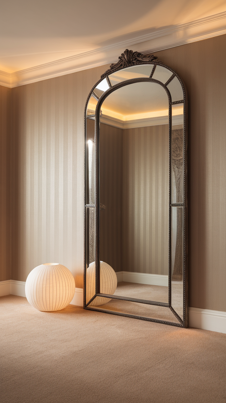 A tall statement mirror with an ornate frame next to a round lamp in a softly lit room.