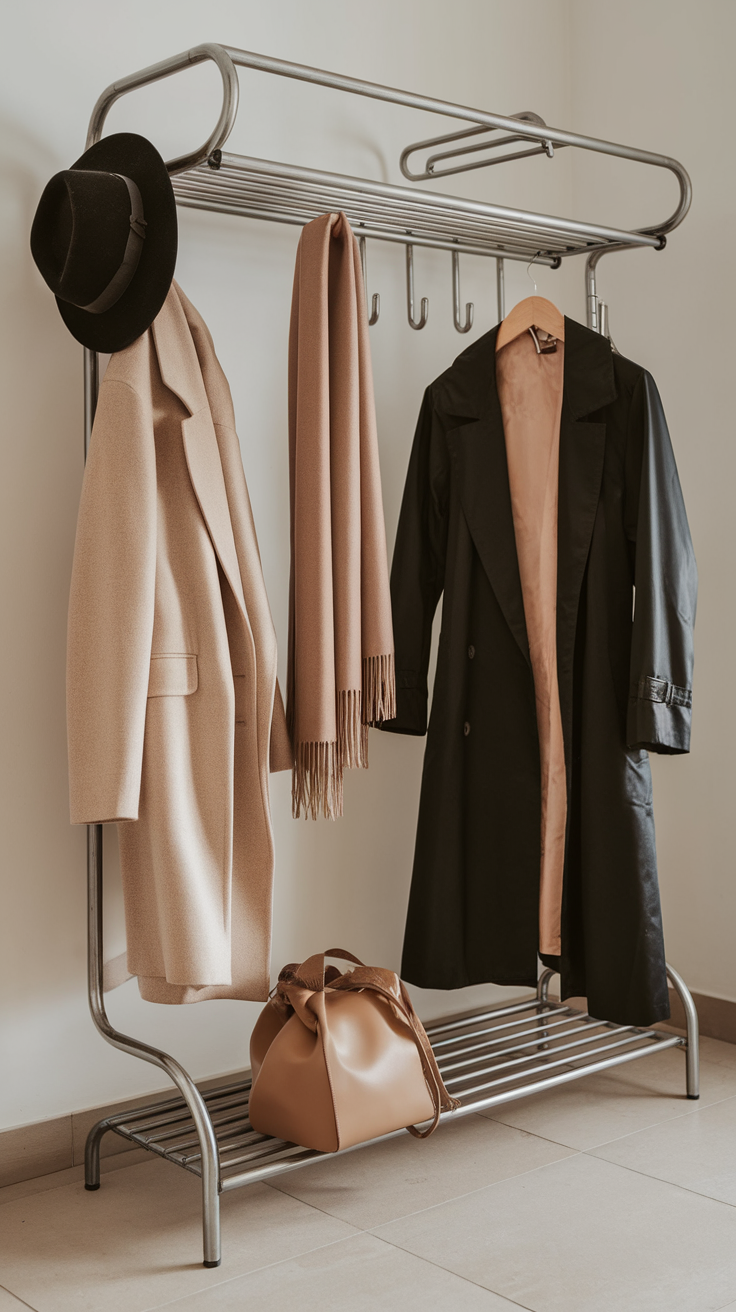 A stylish coat rack with two coats, a scarf, and a handbag hanging on it.