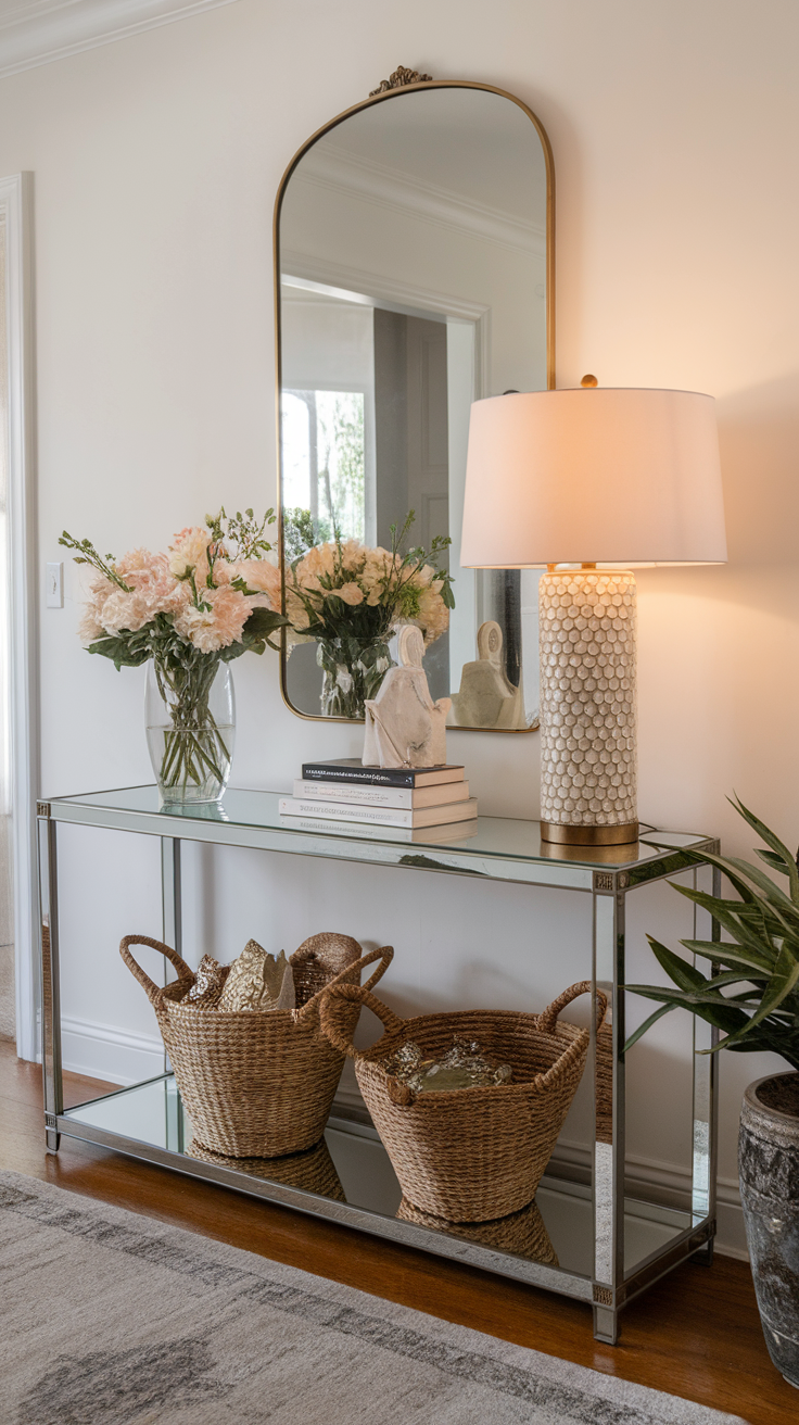 A stylish console table with flowers, a lamp, books, and decorative baskets.
