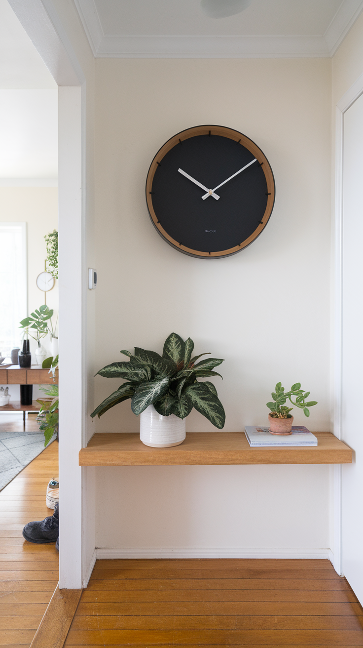 A modern wall clock with a black face and wooden frame, placed above a wooden shelf with potted plants.
