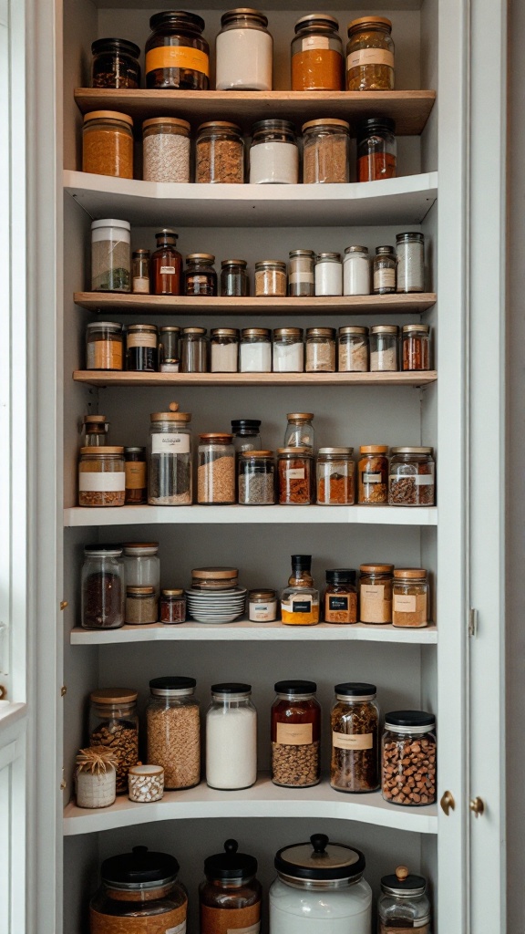 Organized corner pantry with tiered racks filled with various jars and containers.