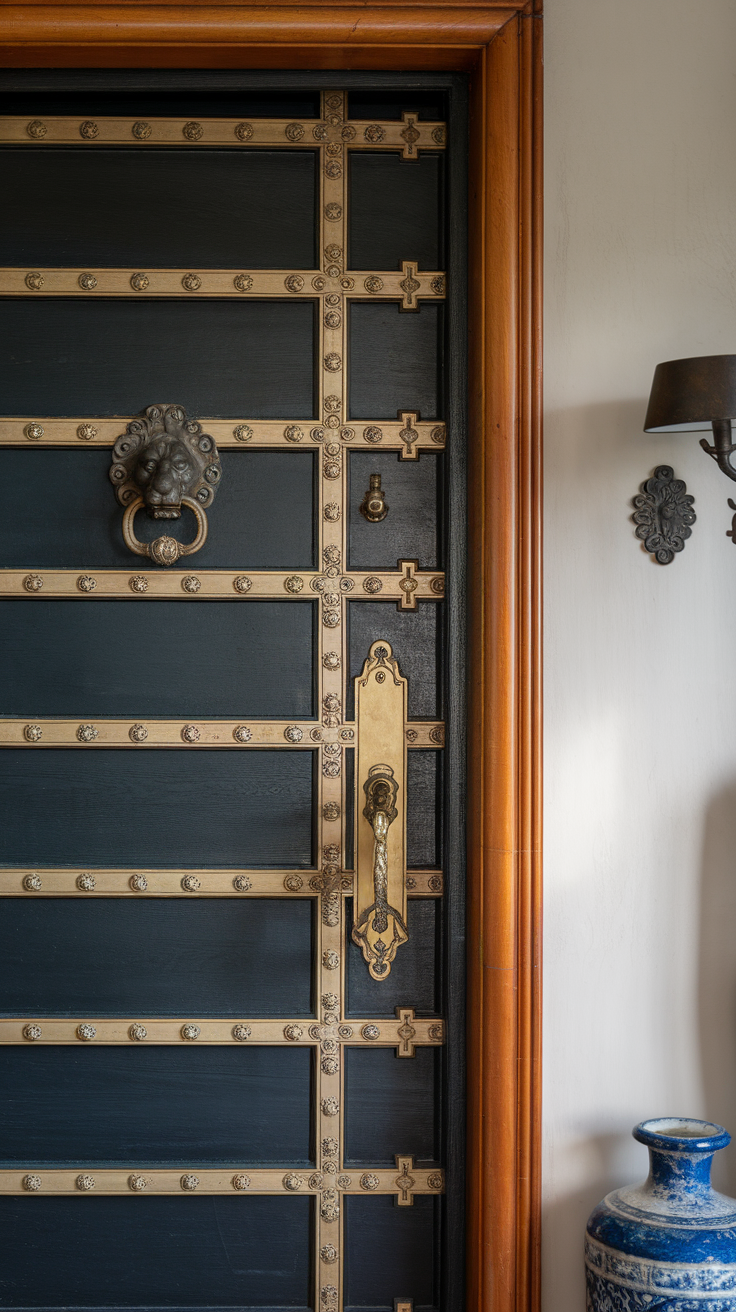 A close-up of a unique door featuring ornate gold hardware and a lion-head knocker.