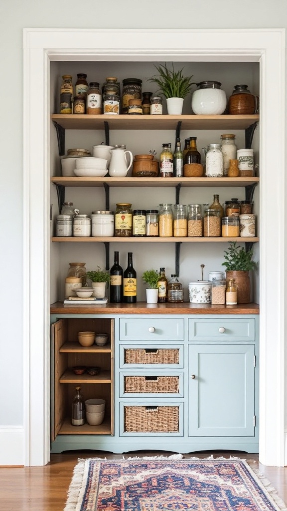 A corner pantry featuring repurposed furniture with shelves and storage drawers.