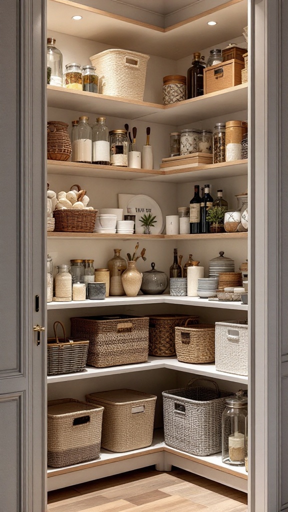A well-organized corner pantry with decorative storage options like woven baskets and glass jars.